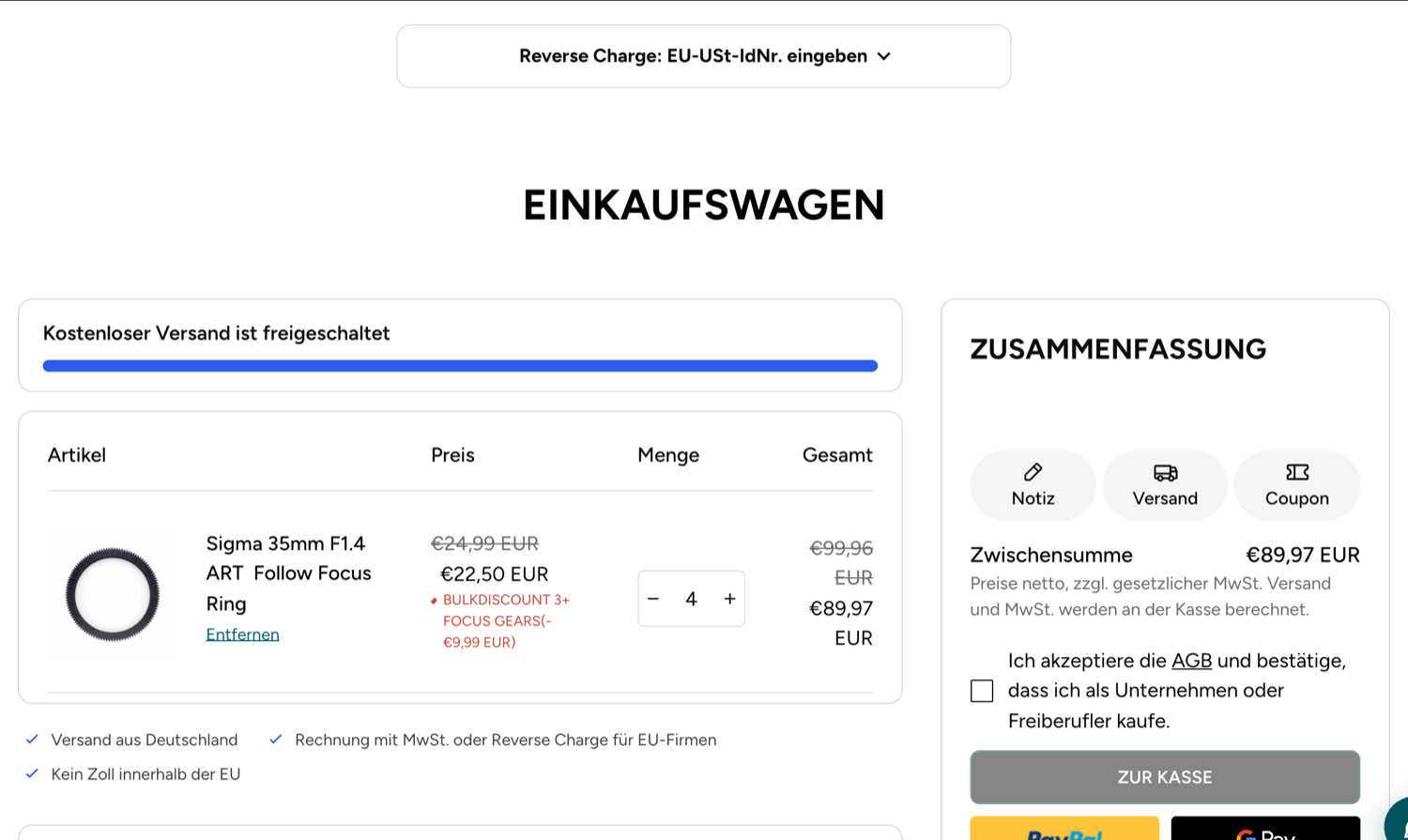 Warenkorb mit der Box „Reverse Charge: EU-USt-IdNr. eingeben“