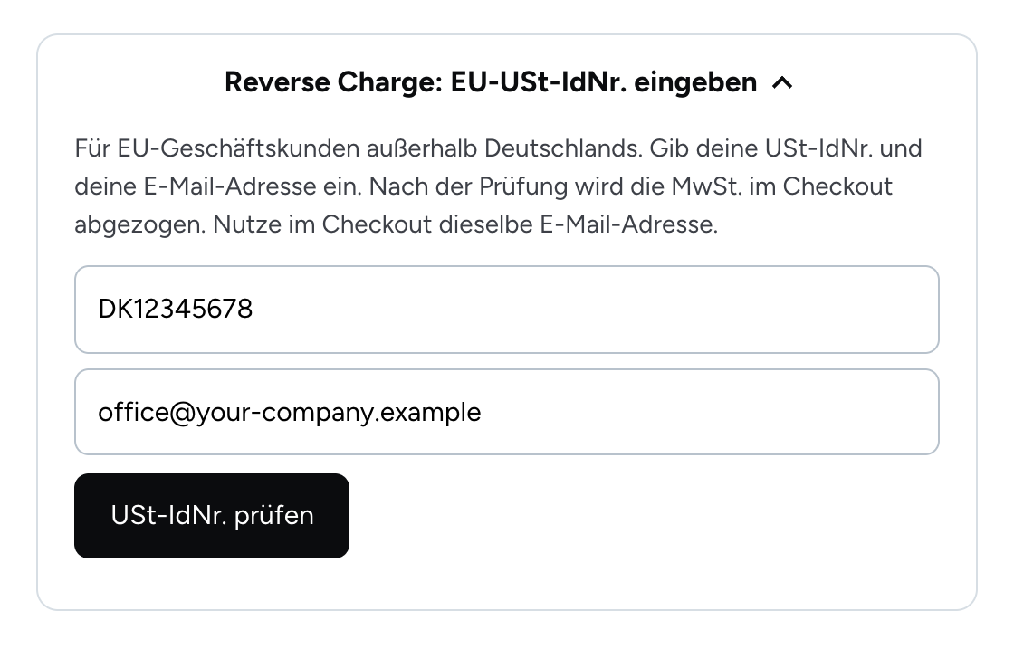 Aufgeklappte Box mit den Feldern für USt-IdNr. und E-Mail-Adresse