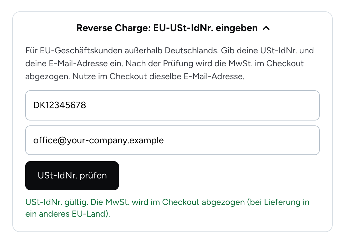 Grüne Bestätigung, dass die USt-IdNr. gültig ist