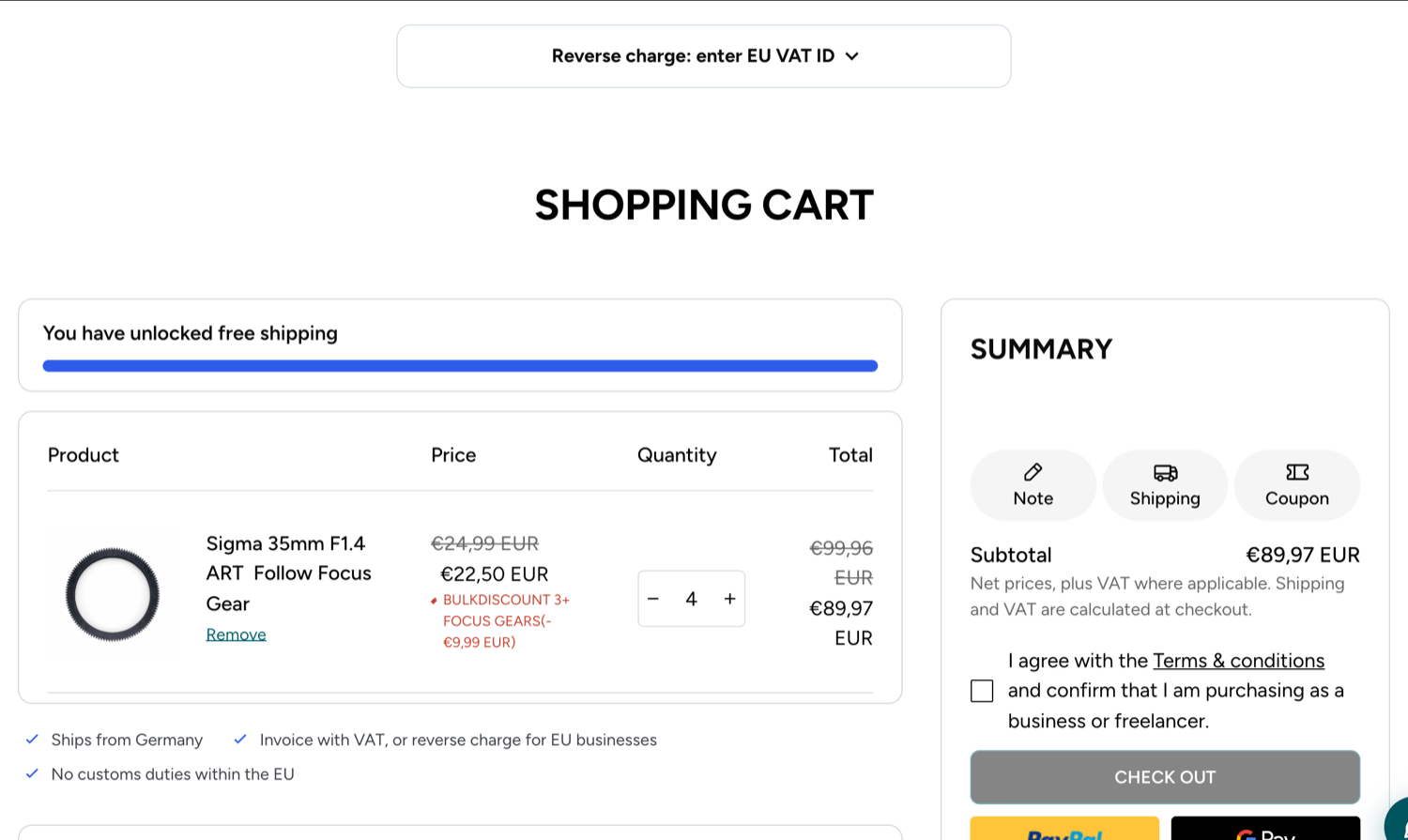 Cart with the box “Reverse charge: enter EU VAT ID”
