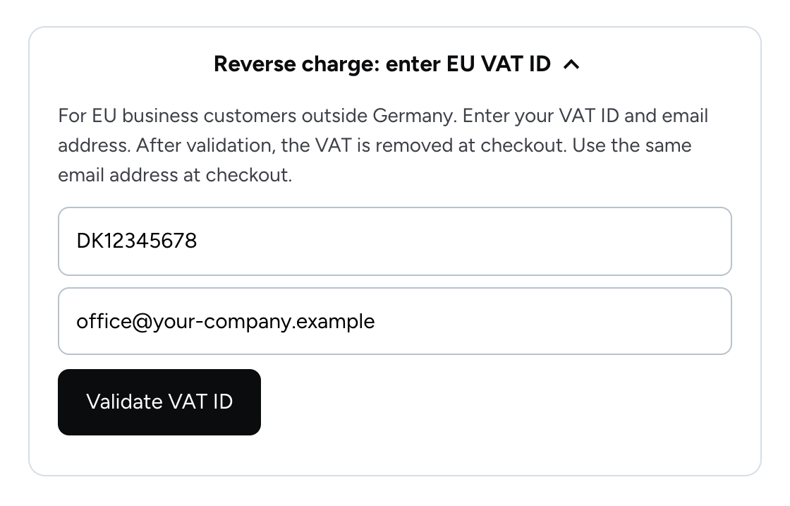 Opened box with the fields for VAT ID and email address