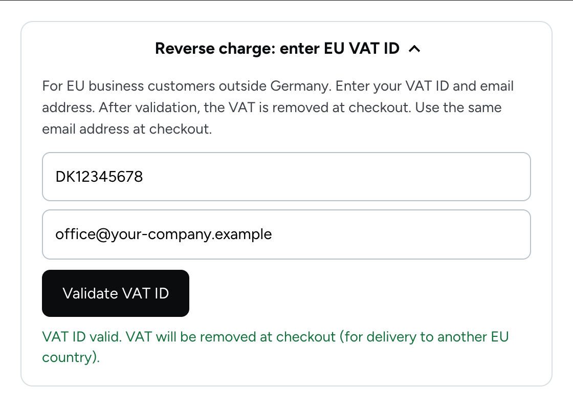 Green confirmation that the VAT ID is valid
